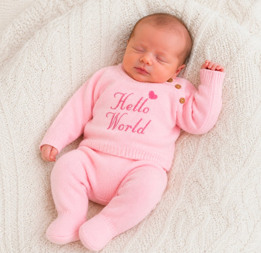 Baby Girls 2 Piece Pink Knitted Set With Embroidered Hello World Design