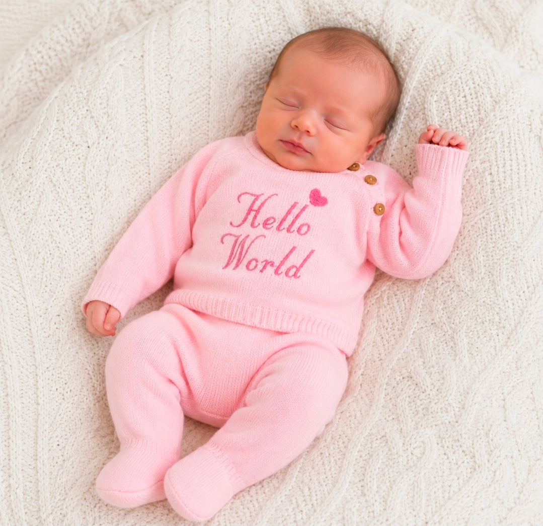 Baby Girls 2 Piece Pink Knitted Set With Embroidered Hello World Design