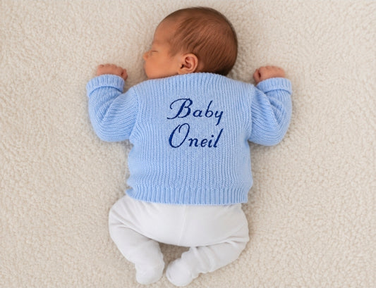 Baby Boys Blue Personalised Baby And Name V Neck Ribbed Cardigan