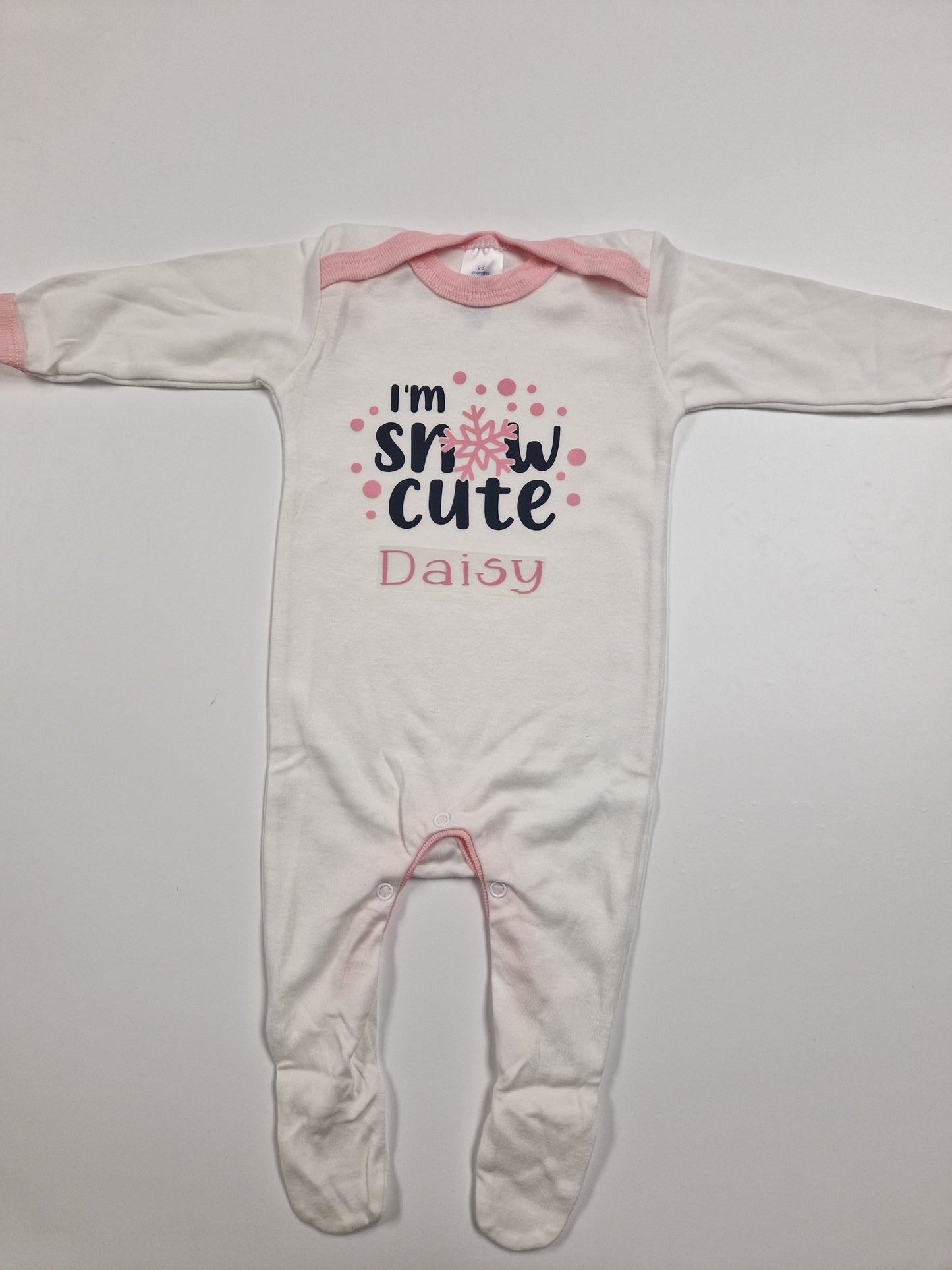 Personalised Baby Girls White And Pink Printed Snow Cute Babygro