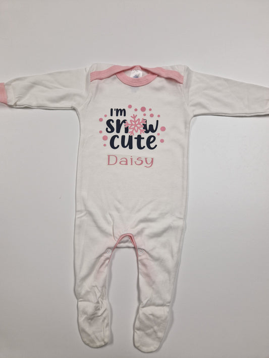 Personalised Baby Girls White And Pink Printed Snow Cute Babygro