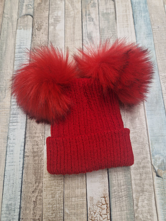 Unisex Red Double Faux Fur Pom Pom Hat