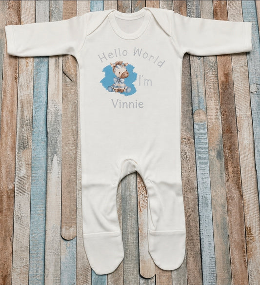Personalised Hello World I'm Baby Boys Printed Blue Ziggy Zebra Newborn White Babygro