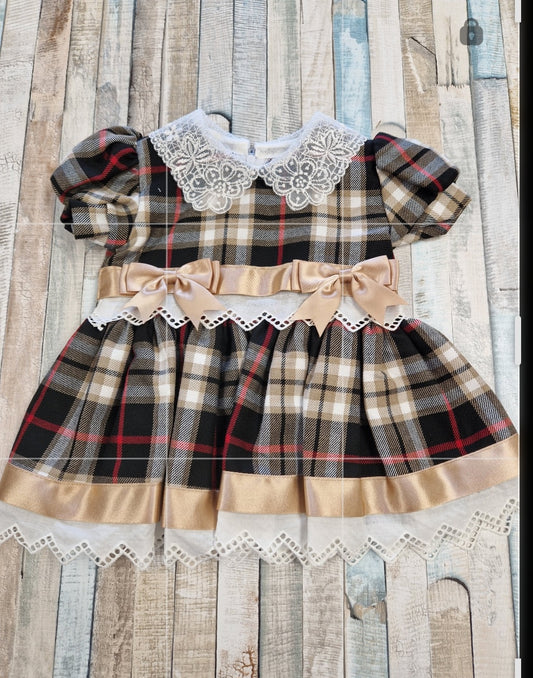 Baby Girls Black And Gold Lace Tartan Dress