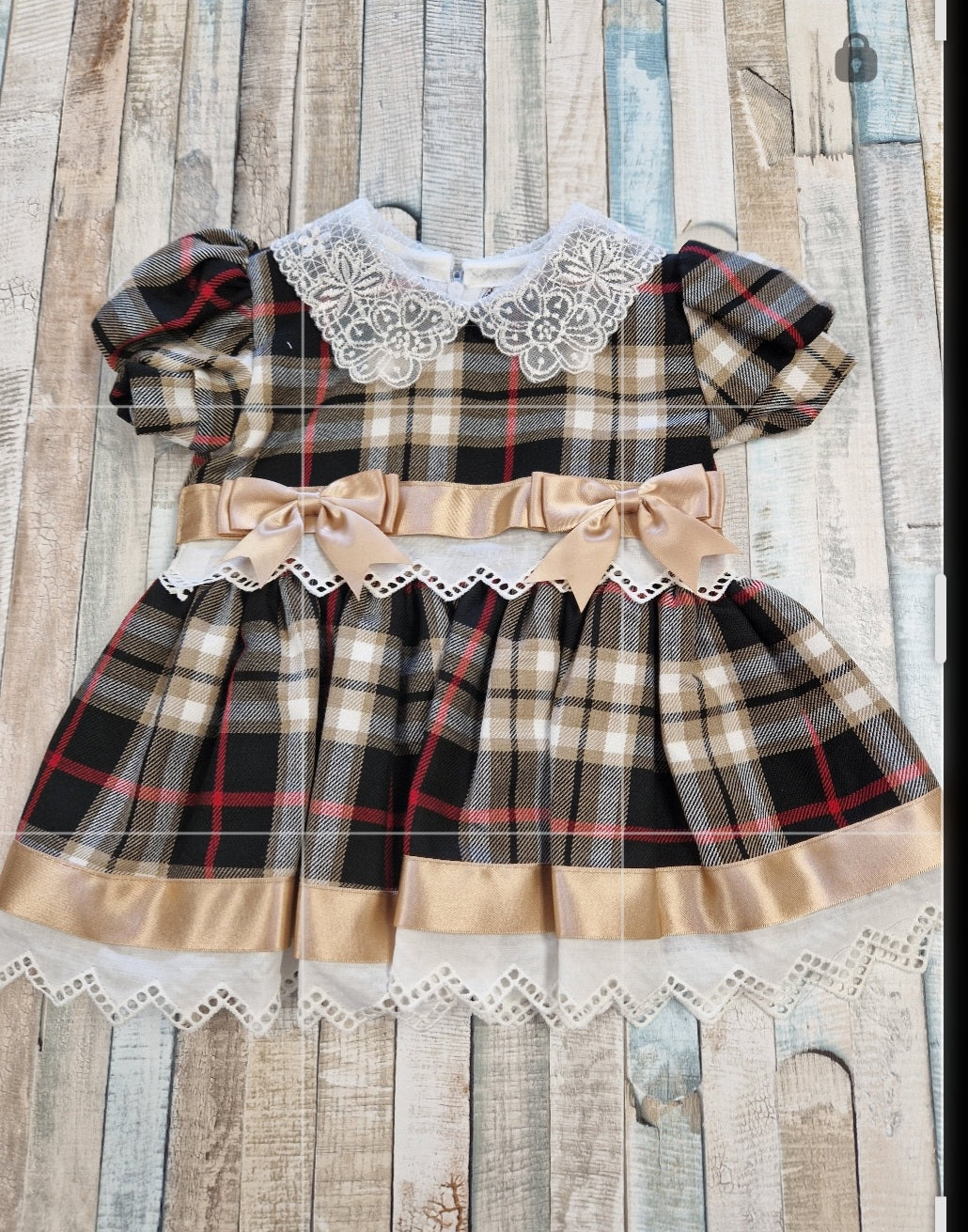 Baby Girls Black And Gold Lace Tartan Dress