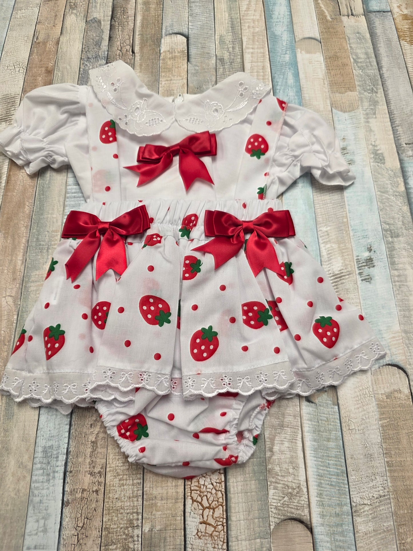 Baby Girls Short Sleeved White Cotton Blouse With Strawberry Design Jam Pants Set