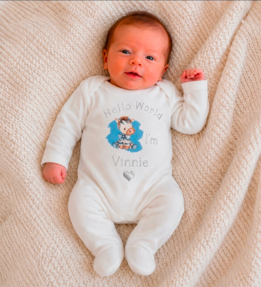 Personalised Hello World I'm Baby Boys Printed Blue Ziggy Zebra Newborn White Babygro