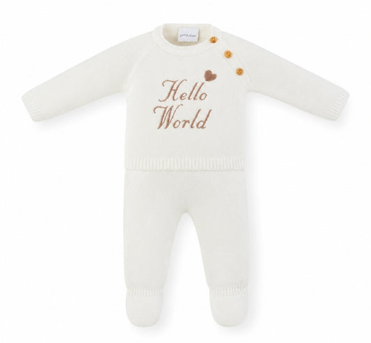 Unisex Baby 2 Piece White Knitted Set With Embroidered Hello World Design