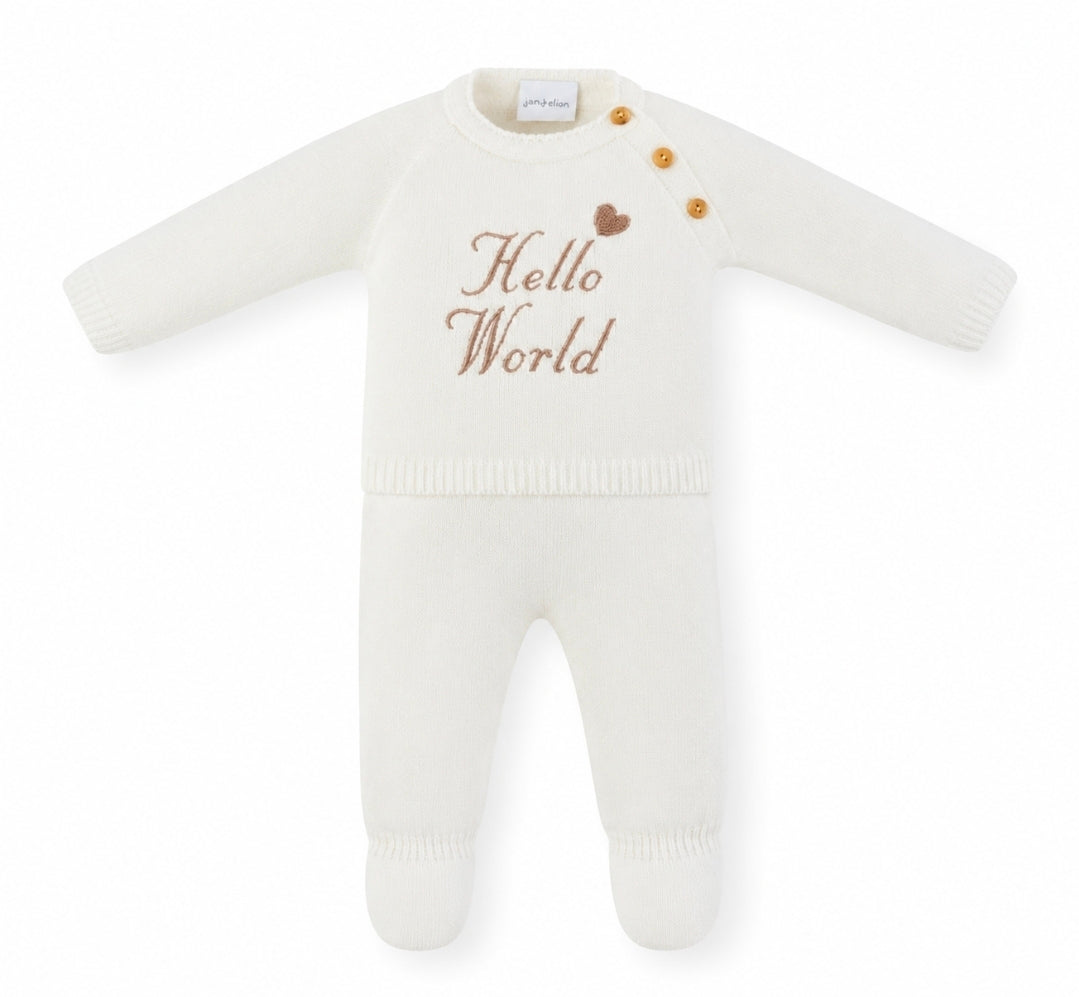 Unisex Baby 2 Piece White Knitted Set With Embroidered Hello World Design
