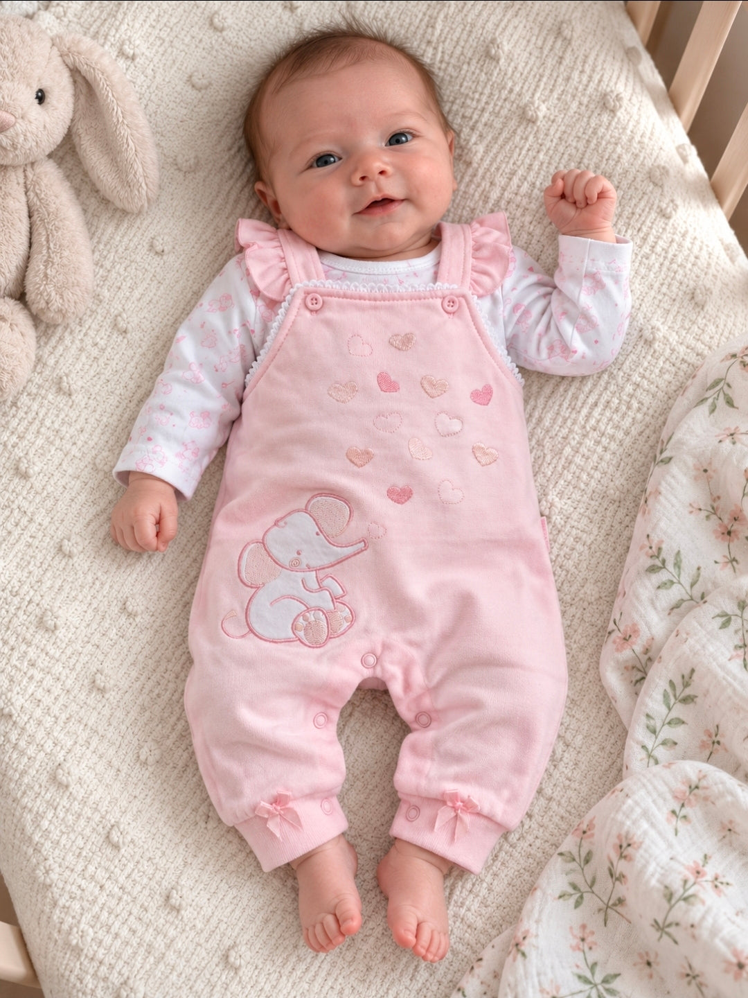 Baby Girls Pink Elephant And Hearts Design Dungaree Set