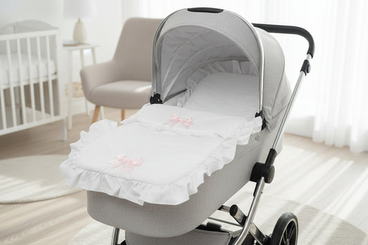 Baby Girls White Frill 2 Pink Satin Bow Pram Set