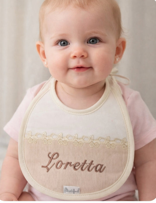 Unisex Baby Personalised White And Beige Tie Bib