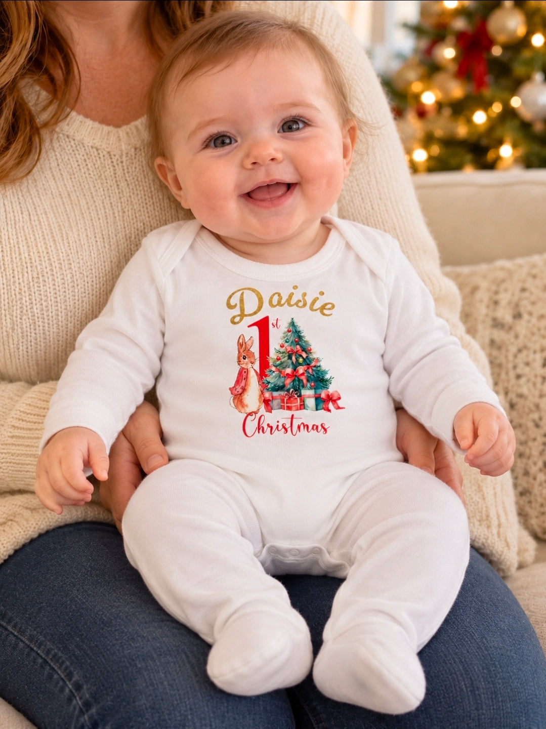 Personalised White Babygro With Red 1st Christmas Printed Rabbit