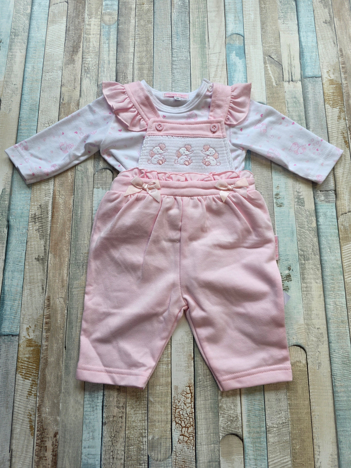 Baby Girls Pink And White Elephant Dungaree Set