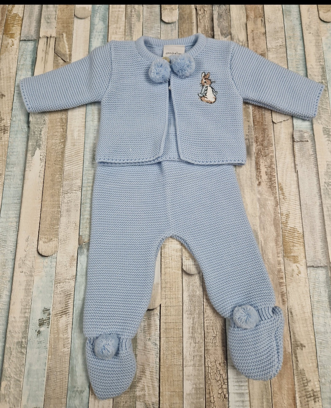 Baby Boys Blue Knitted Pom Pom Set With Embroidered Rabbit Design