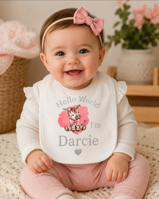 Baby Girls Personalised Hello World I'm Printed Pink Ziggy Zebra Bib