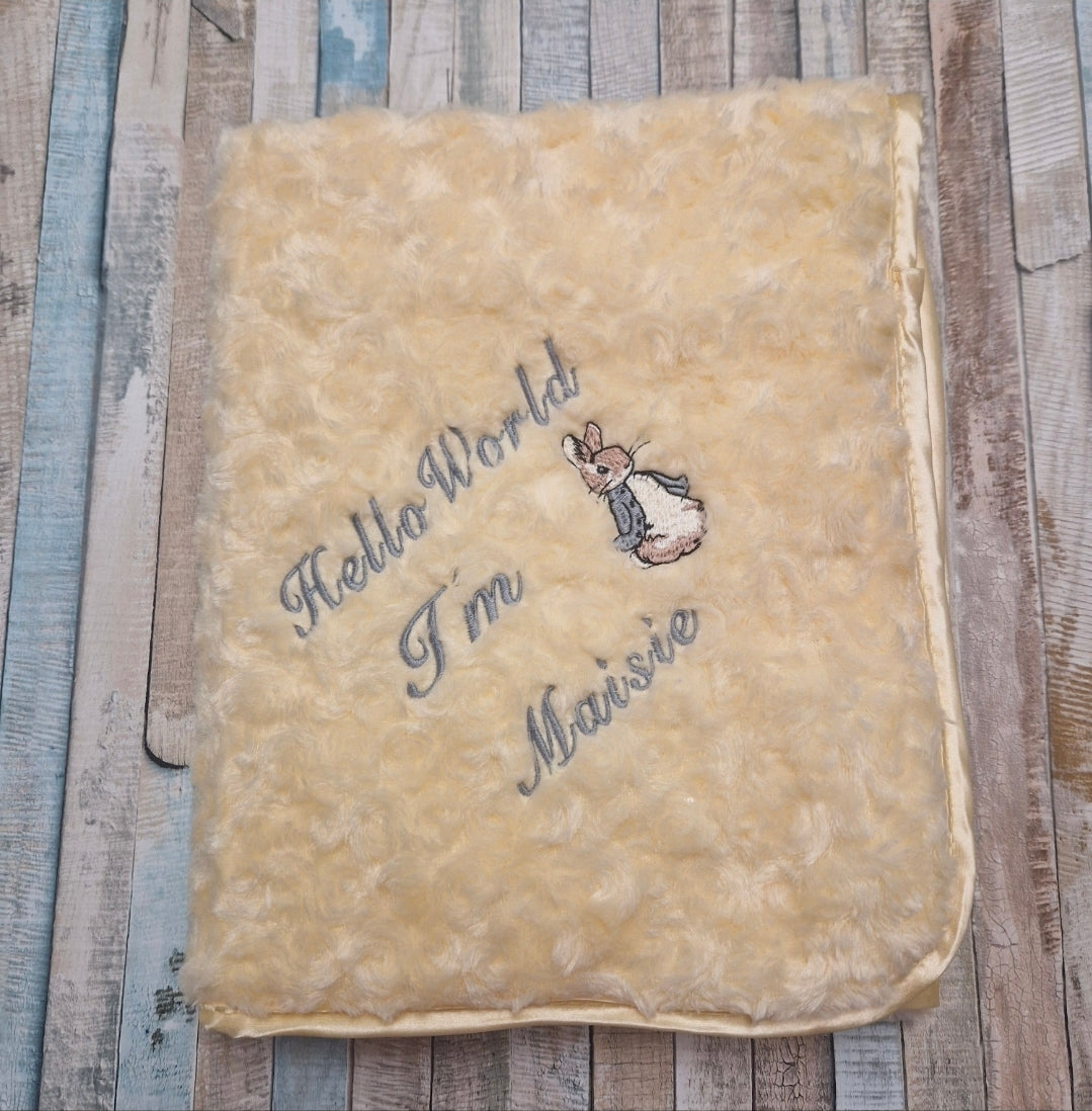 Personalised Hello World Lemon Soft Rose Blanket/Wrap With Embroidered Grey Rabbit Design