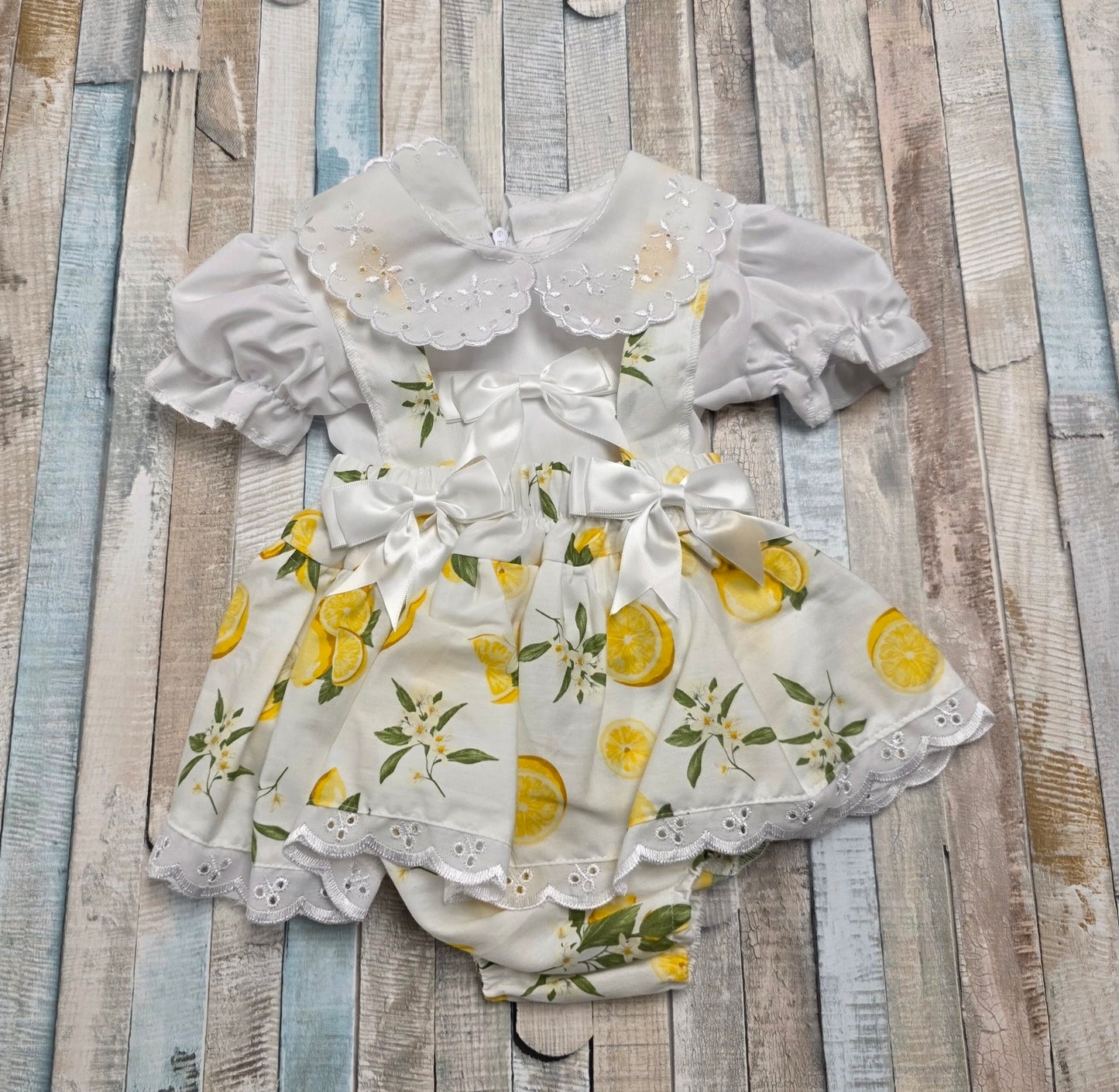 Baby Girls Short Sleeved White Cotton Blouse With Lemon Design Jam Pants Set