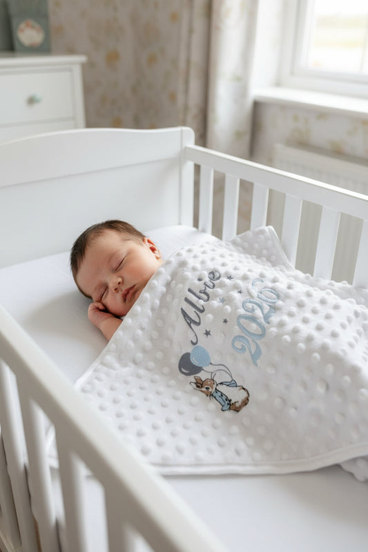 Personalised Baby Boys White Dimple Wrap With Blue Rabbit And Balloons And Year Of Birth