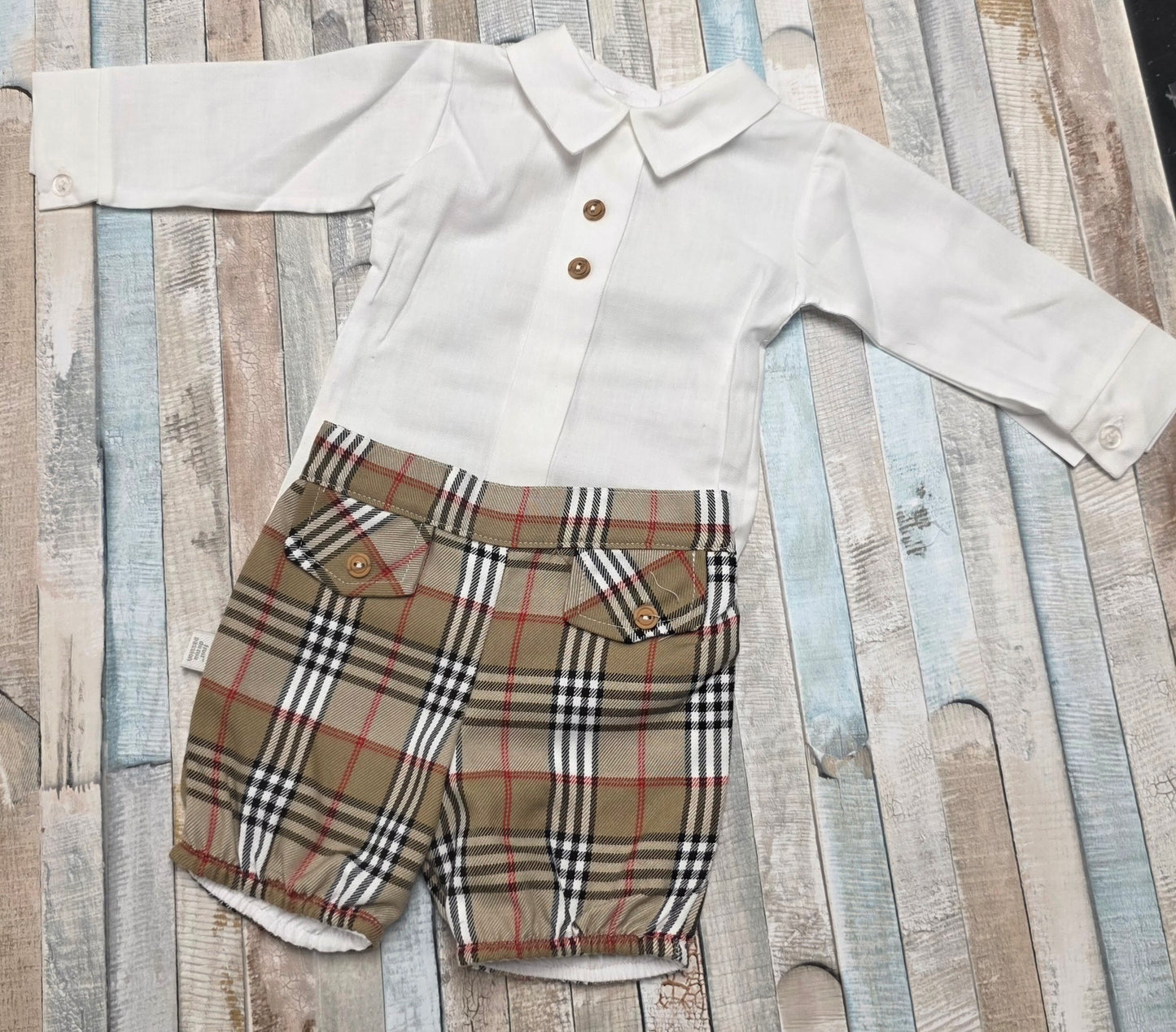 Baby Boys White Shirt And Beige Tartan Shorts Set