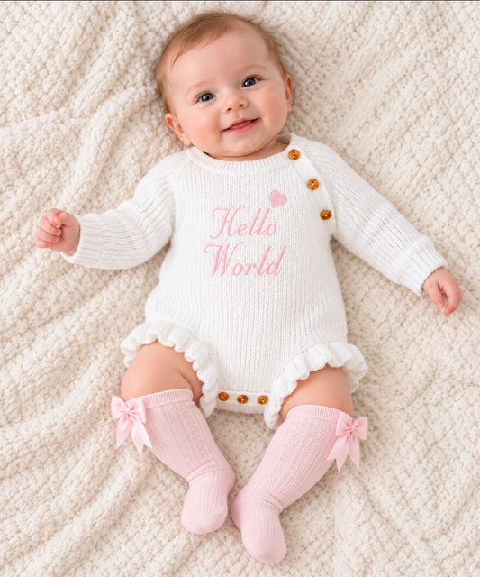 Baby Girls White Frilly Leg Pink Hello World Knitted Romper