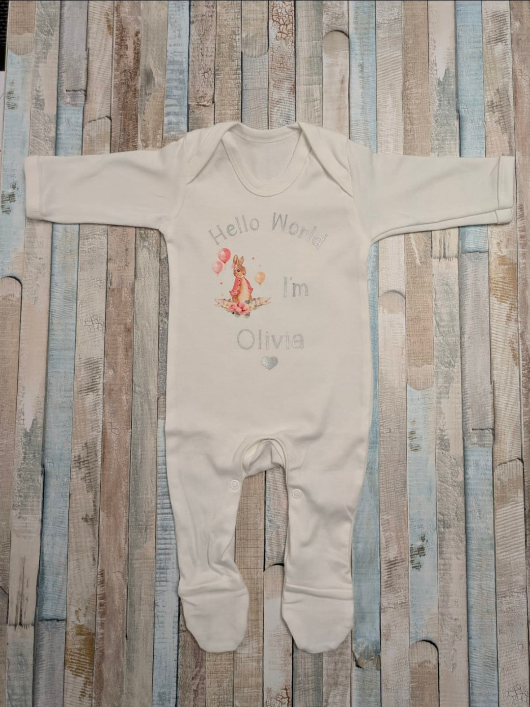 Baby Girls Newborn White Personalised Babygro With Printed Hello World  Pink Rabbit