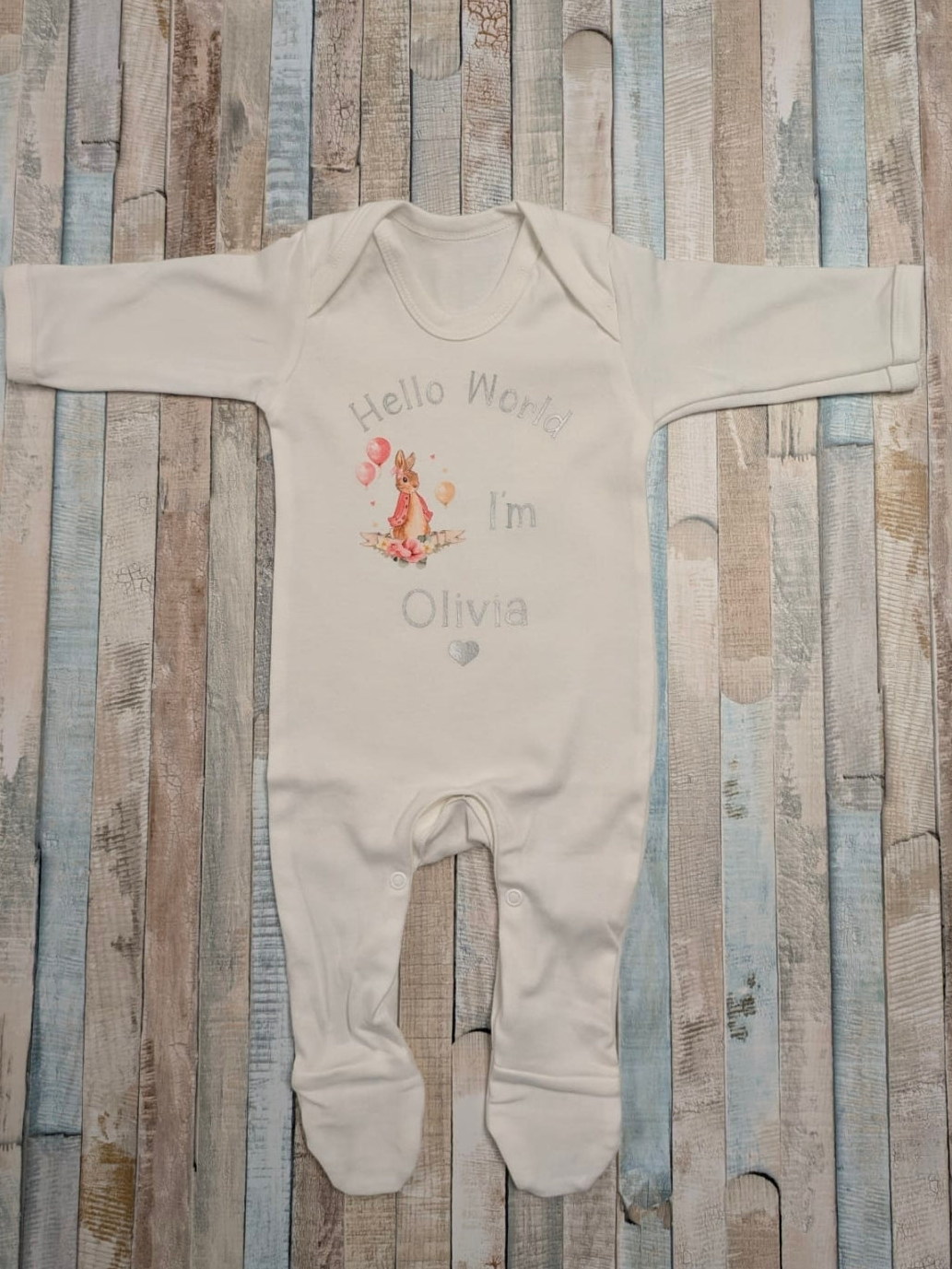 Baby Girls Newborn White Personalised Babygro With Printed Hello World  Pink Rabbit
