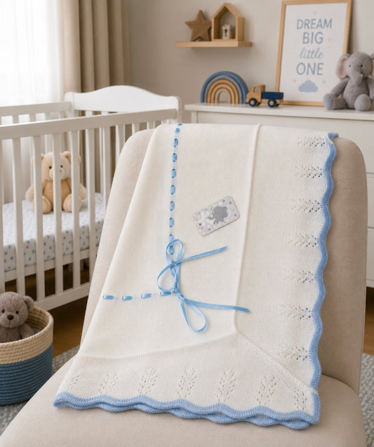 Baby Boys White And Blue Knitted Shawl With Blue Satin Ribbon