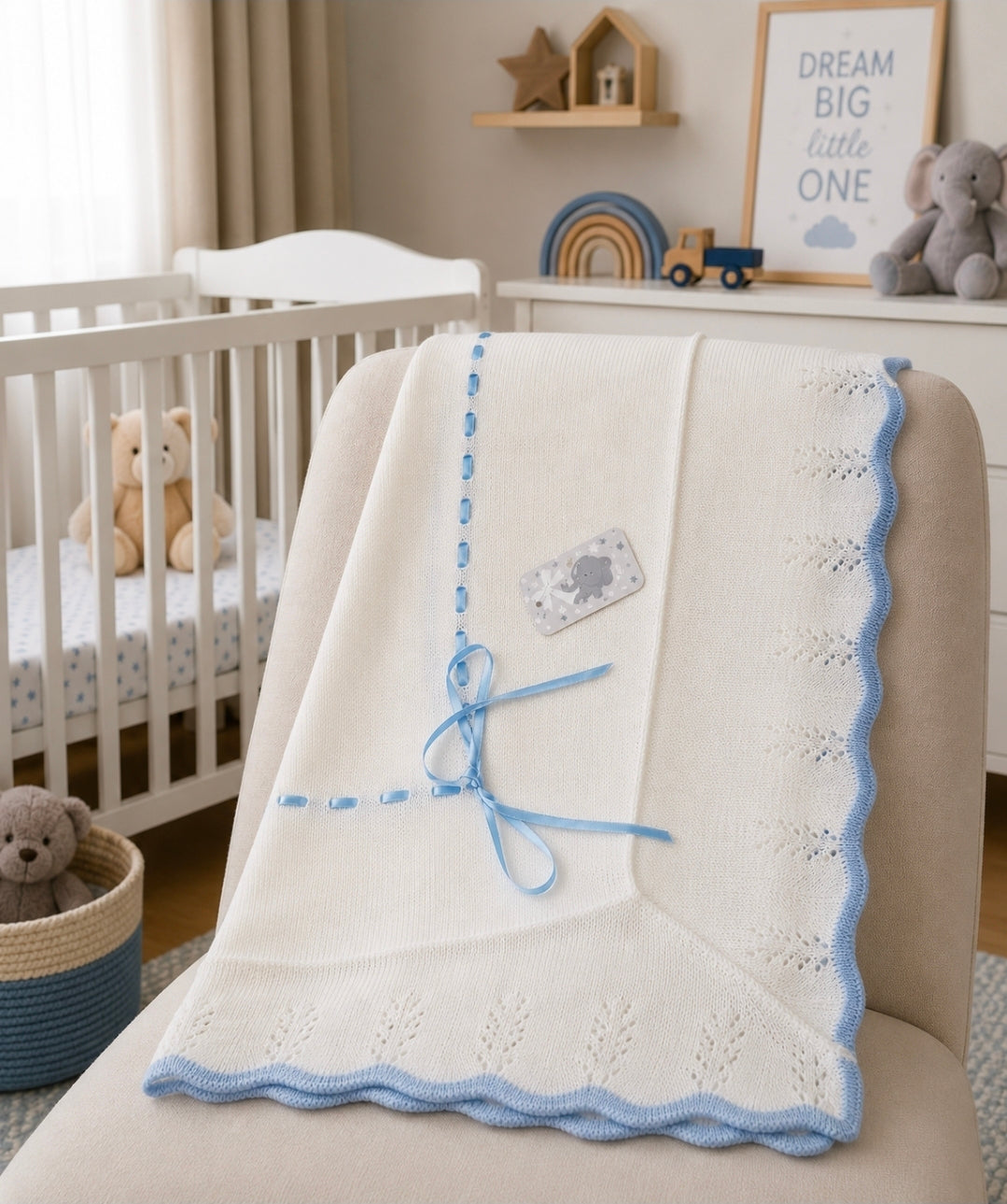Baby Boys White And Blue Knitted Shawl With Blue Satin Ribbon