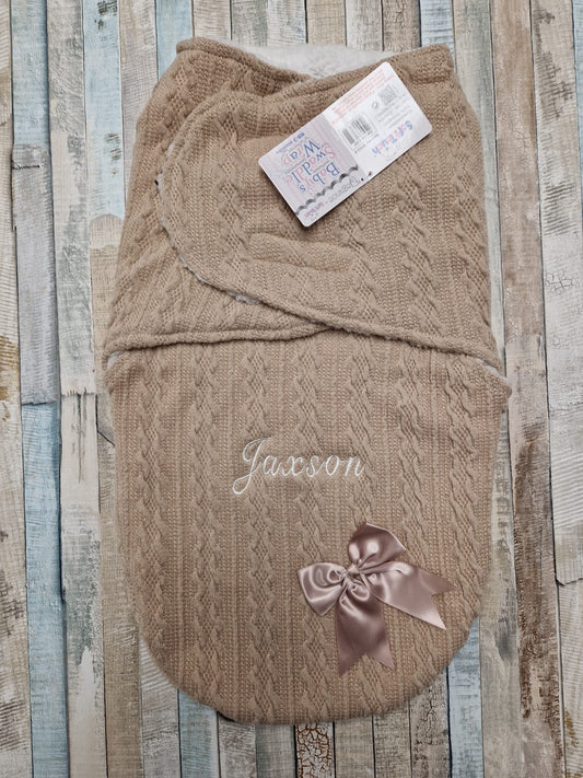 Personalised Unisex Baby Beige New Cable Style Swaddle With Satin Bow