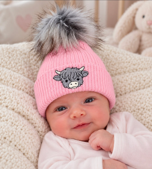 Baby Girls Medium Pink And Grey Pom Highland Cow Hat