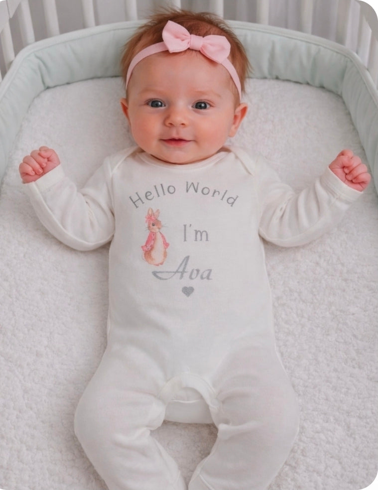 Baby Girls Newborn White Personalised Babygro With Printed Hello World  Pink Rabbit