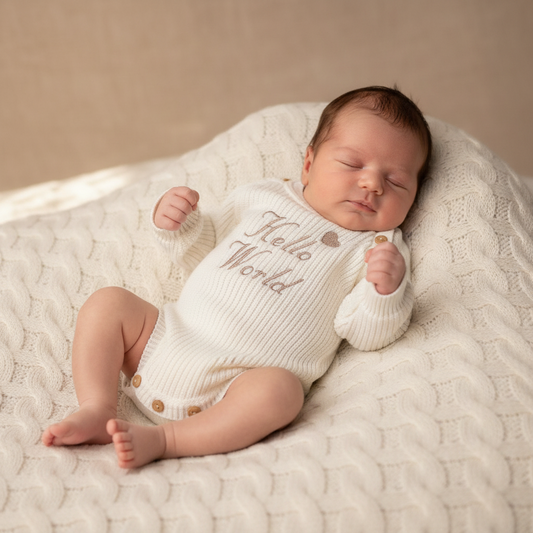 Nana B Unisex Baby White Hello World Romper With Beanie Hat