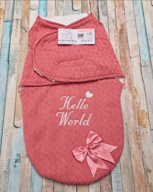 Dusky Pink Cable Design Hello World Swaddle