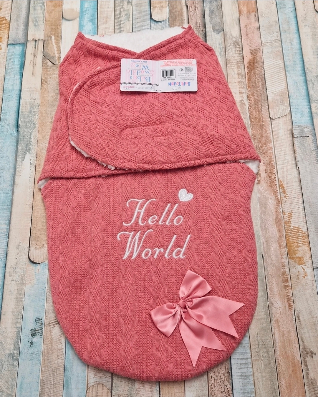 Dusky Pink Cable Design Hello World Swaddle