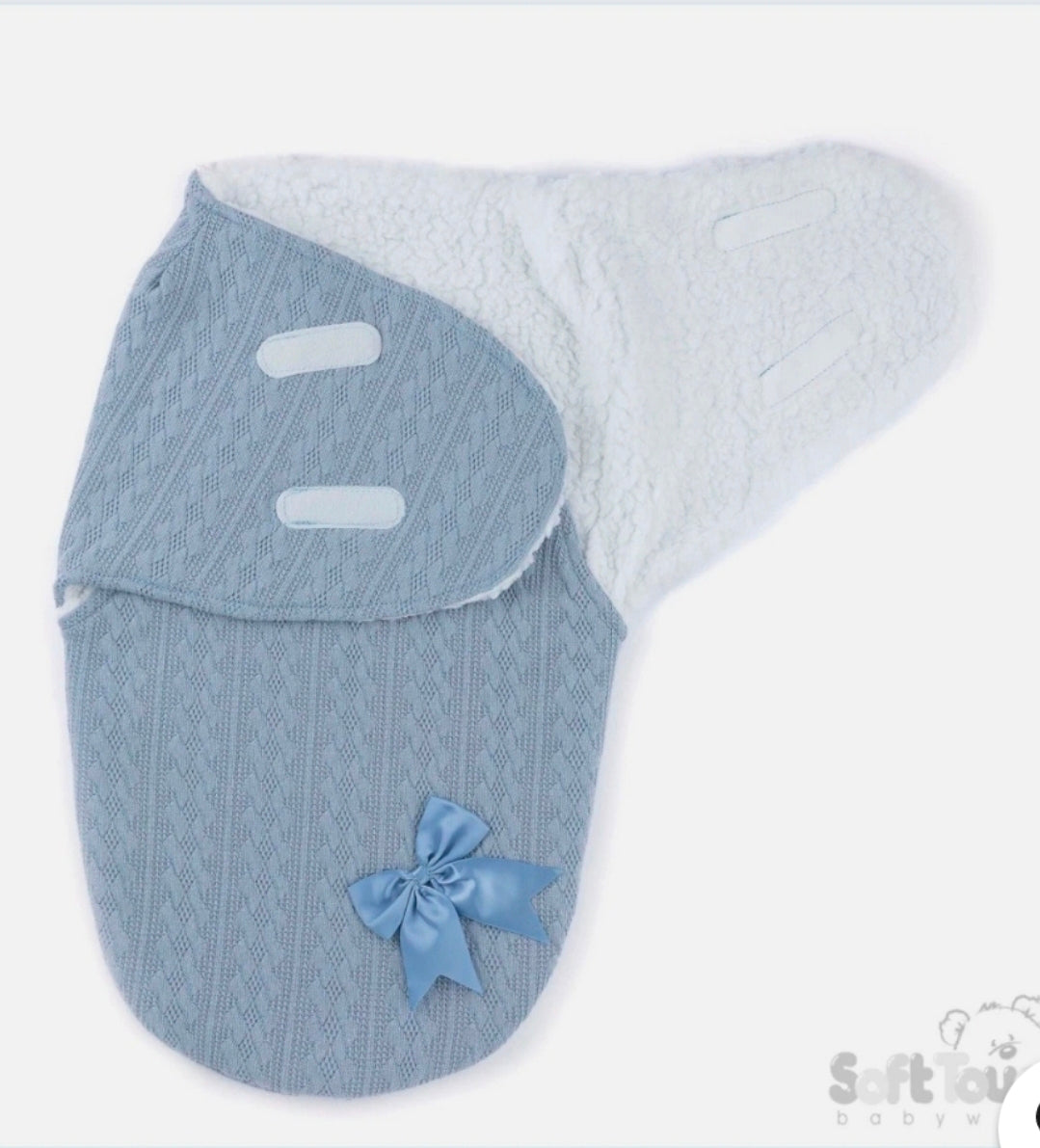 Baby Boys Dusky Blue New Cable Style Swaddle With Satin Bow