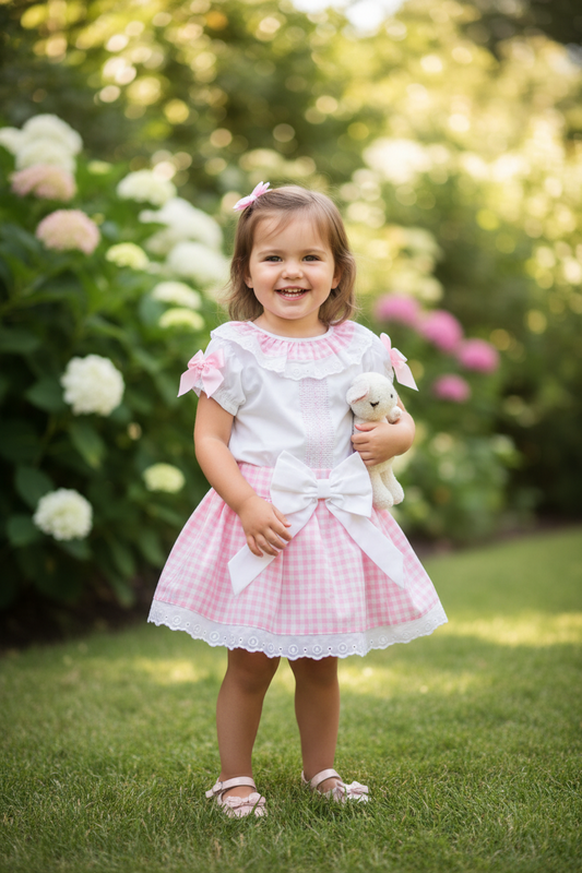 Baby Girls Pink And White Checked 2 Piece Short Set