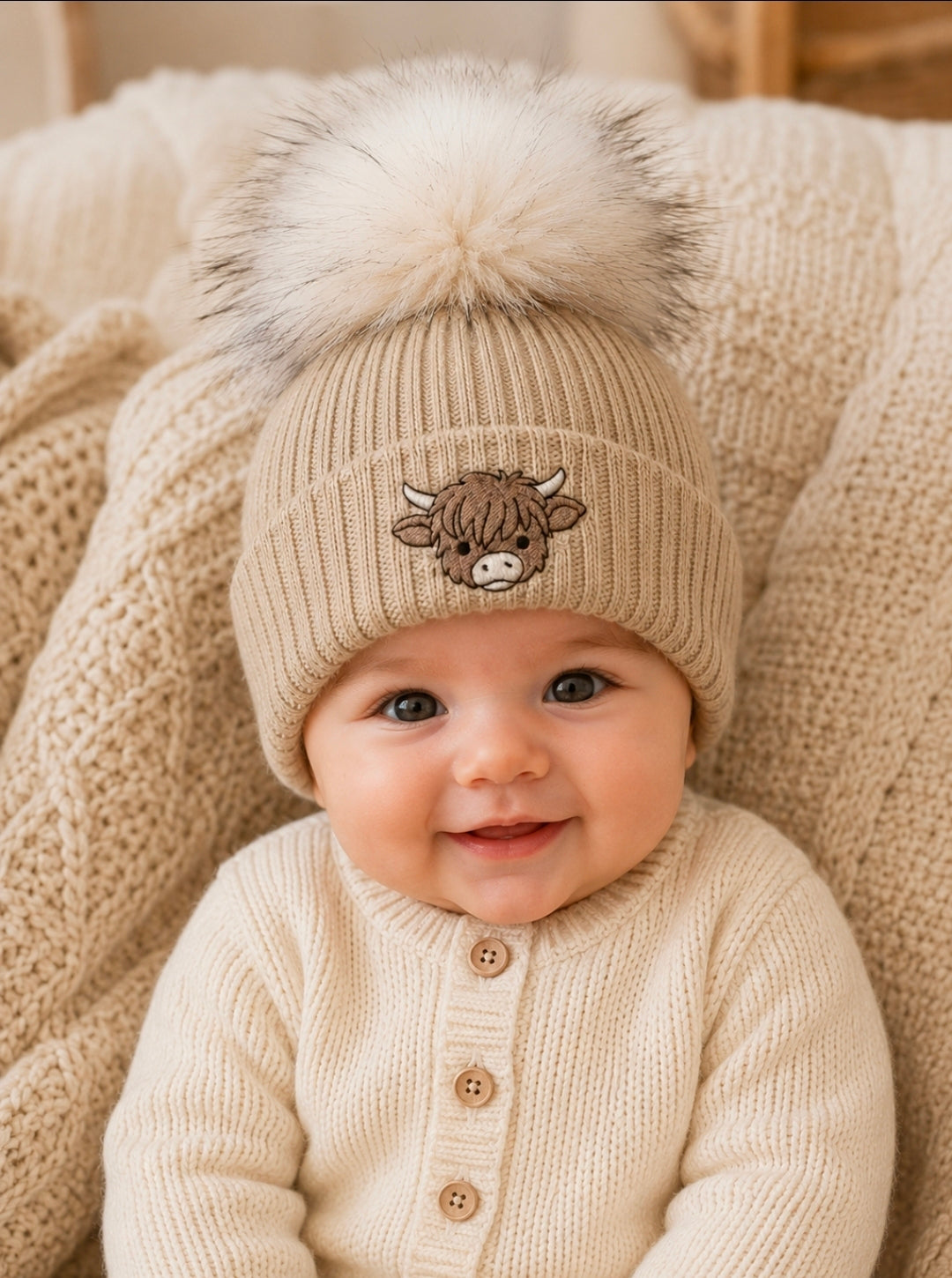 Unisex Baby Beige Highland Cow Hat