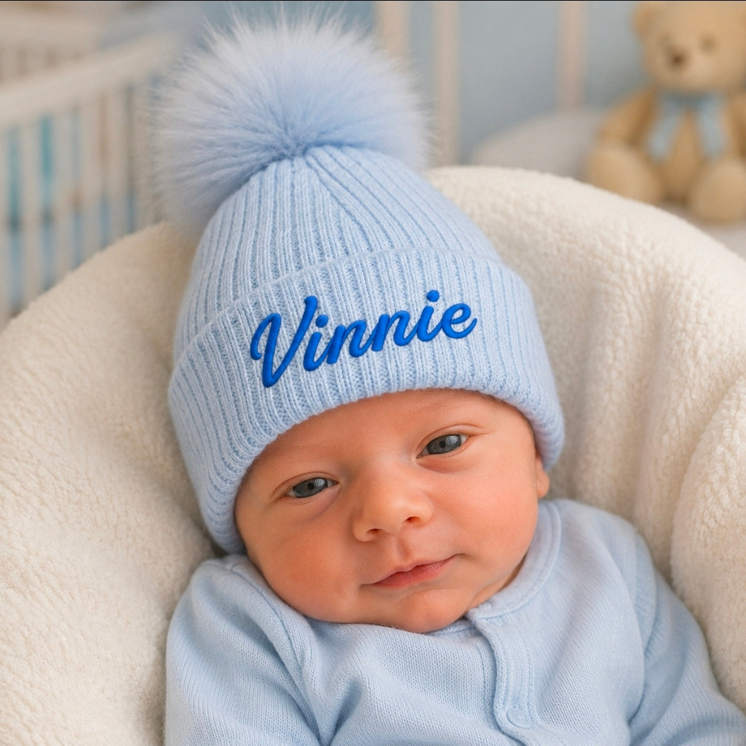 Personalised Baby Blue Knitted Single Blue Fluffy Faux Fur Pom Hat