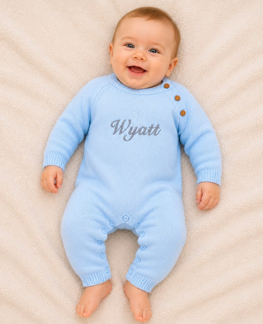 Baby Boys Blue Personalised All in one Footless Romper