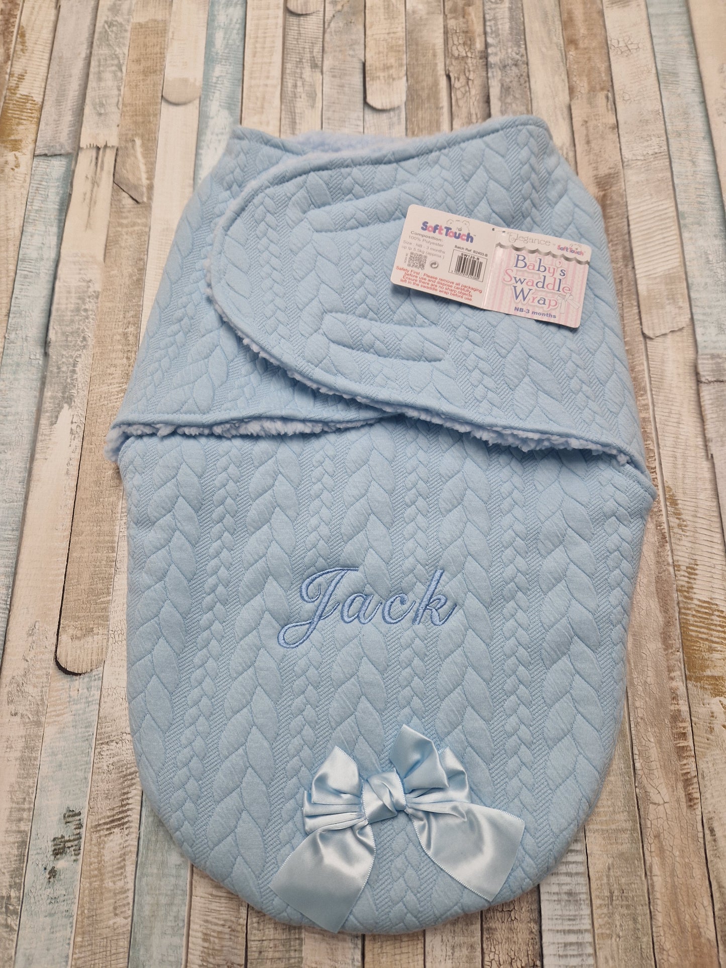 Personalised Baby Blue Knitted Cable Design Swaddle Wrap