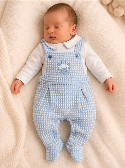 Baby Boys Blue And White Giraffe 2 Piece Dungaree Set