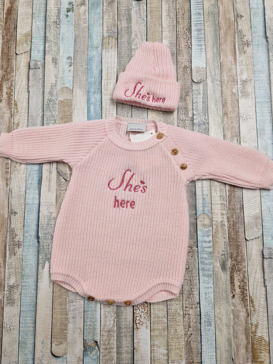 Baby Girls She's Here Long Sleeved Knitted Romper And Beanie