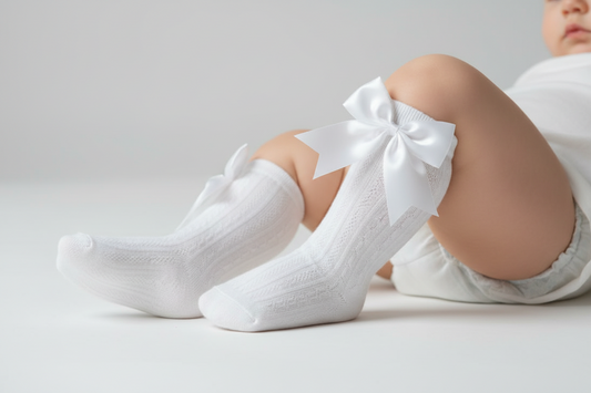 Baby Girls Cream Knee Length Socks With Large Ribbon Bow