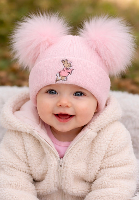 Baby Pink Knitted Pink Rabbit Hat With Double Pink Fluffy Faux Fur Pom