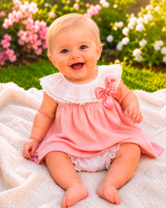 Baby Girls Salmon Pink And White Sleeveless Dress