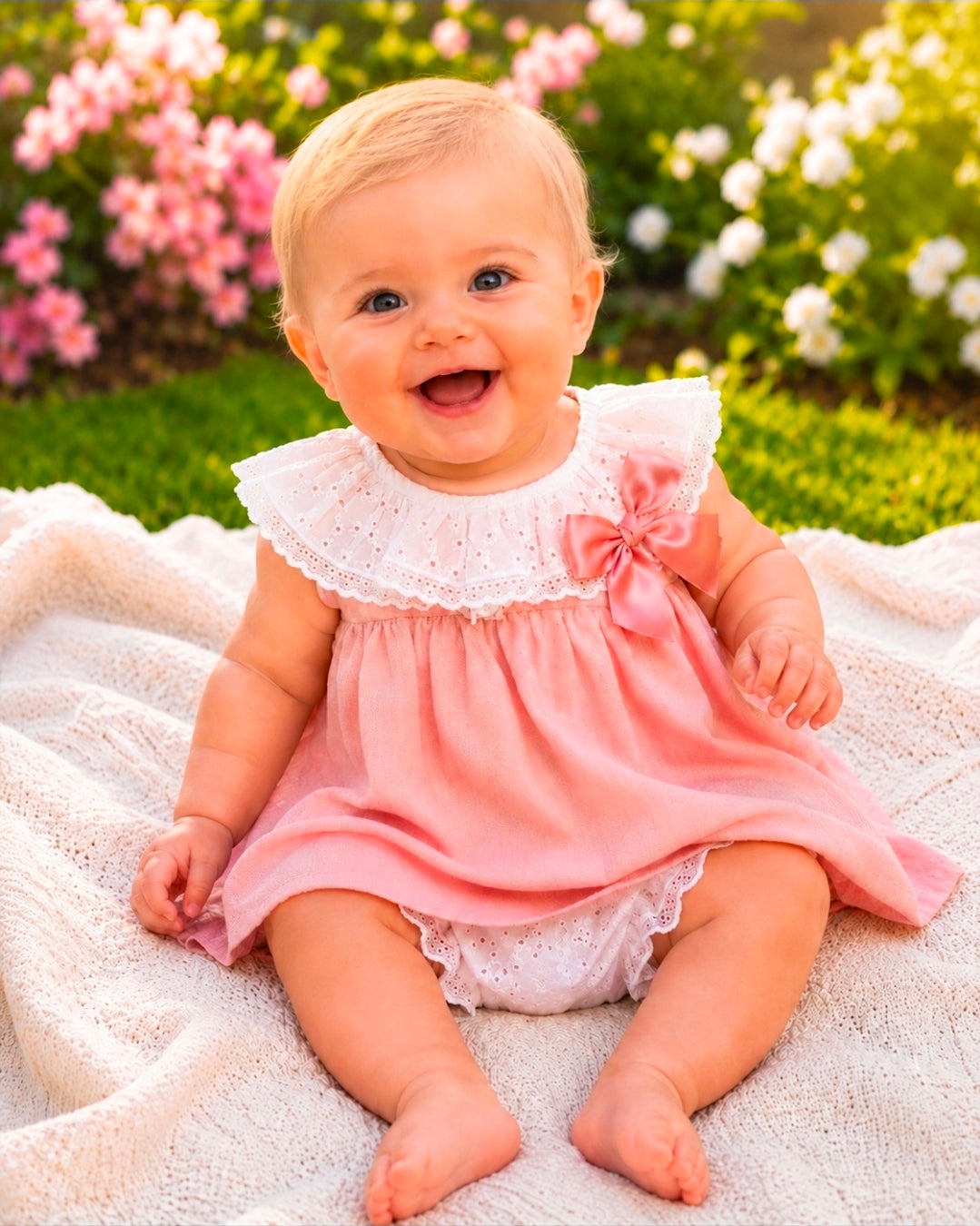 Baby Girls Salmon Pink And White Sleeveless Dress