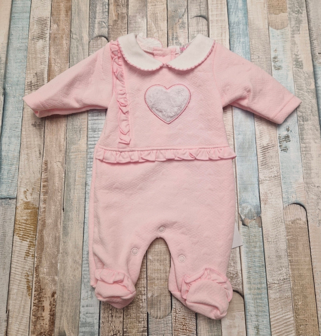 Baby Girls Pink Faux Fur And Embroidered Heart Design Babygro