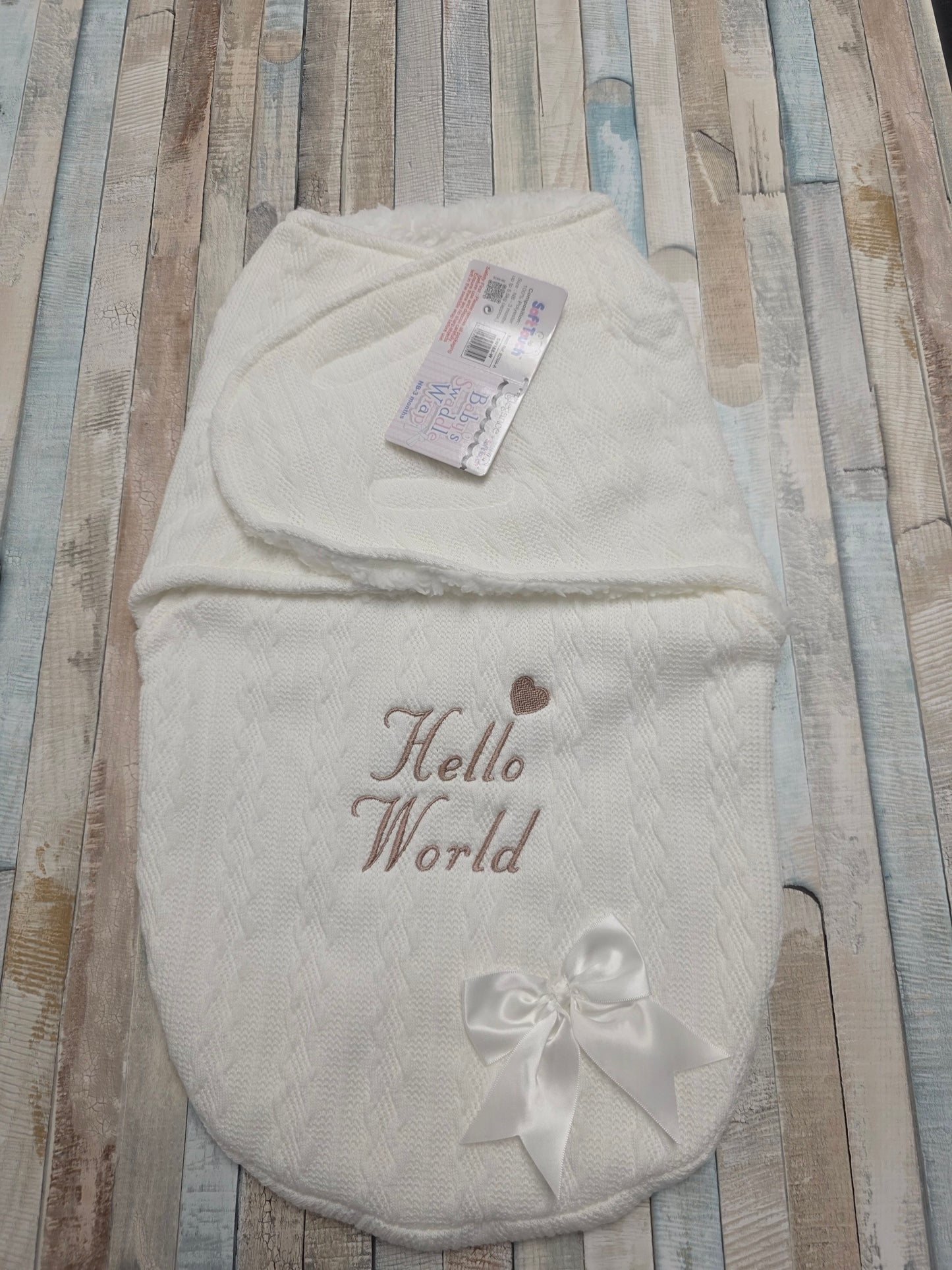 White Cable Design Swaddle With Hello World In Beige Embroidery