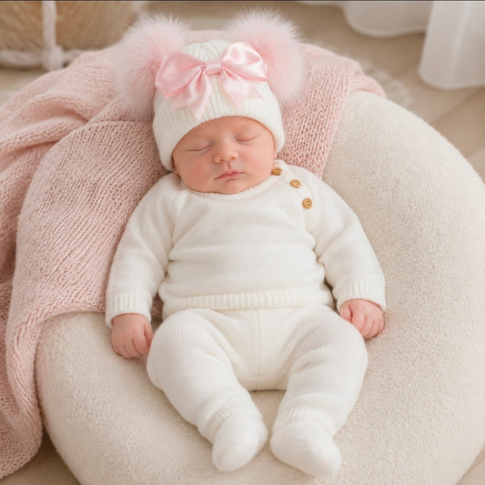 Baby Girls  White And Pink Bow And Fluffy Double Pom Hat
